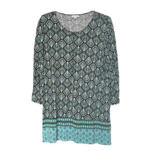 J. Jill Peacock Print 3/4 Sleeve Tunic Blouse Black Blue Women’s Large